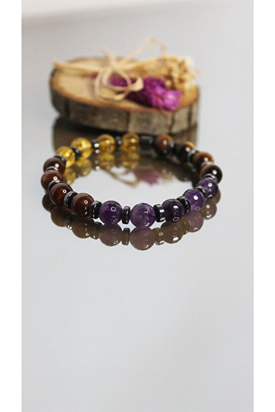 Başak Burcu Erkek Sitrin Lal Ametist Kaplan Gözü Doğaltaş 8 Mm Burç Bileklik