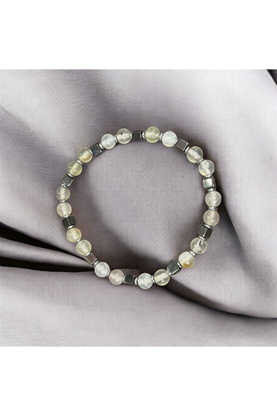 AuraStone Beyaz Akik Hematitli 6mm Doğaltaş Bileklik