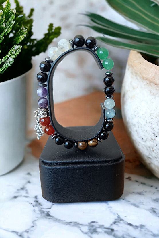 7 Çakra Bileklik Akik, Kaplan Gözü, Oniks, Akuamarina, Aventurin, Sitrin, Ametist Doğal Taş Bileklik