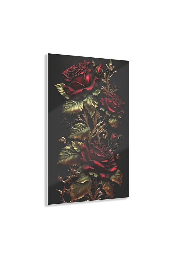Kırmızı Gold Renkli Gül Cam Tablo Duvar Dekoru
