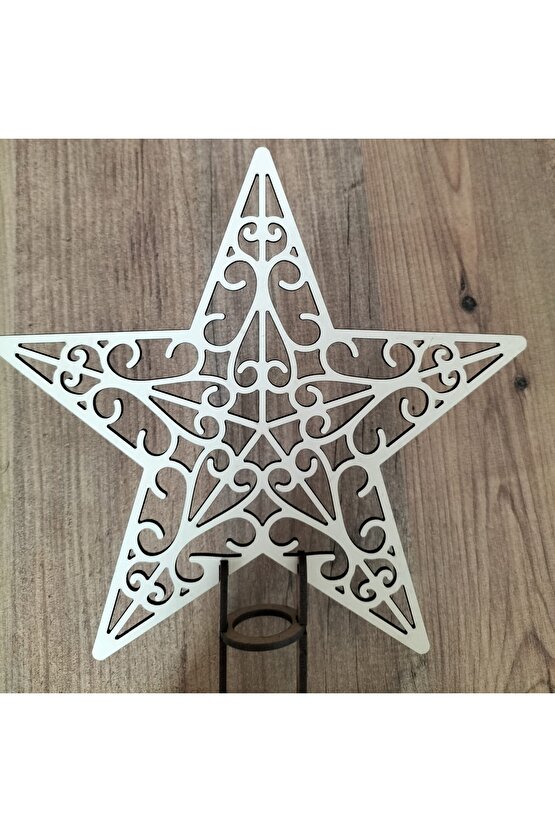 18 Cm 3 Mm Krem Ahşap Yıldız Yılbaşı Ağacı Tepe Süsü