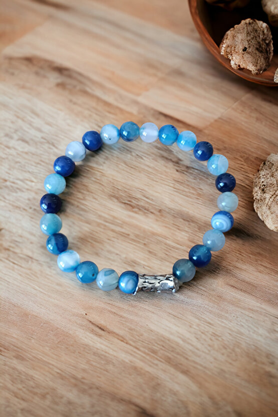 Mavi Akik Taşı Doğal Taş Bileklik Boğaz Çakrası Bileklik İletişim Beceri Bilekliği