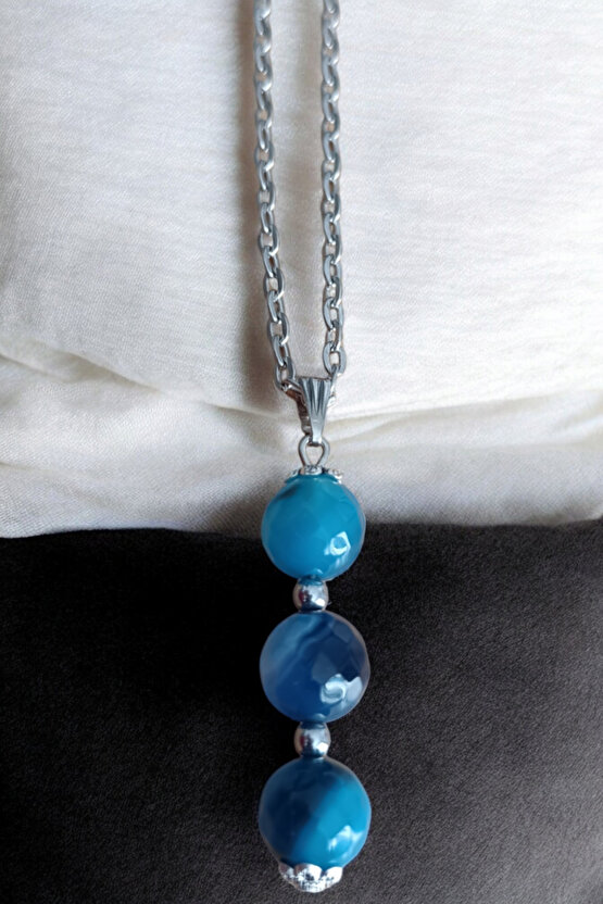 Faset Mavi Akik kolye Akik kolye  doğal taş kolye zincirli kadın kolye hediyelik kolye 10 mm