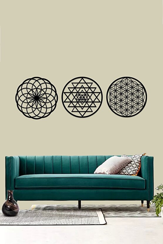 Ahşap 3 Mm Mdfyaşam Çiçeği Sri Yantra Ve Torus 3lü Set Duvar Tablosu 35x35