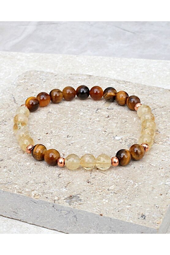 Dönüşümlü Sitrin - Kaplan Gözü Doğal Taş Bileklik 8 mm