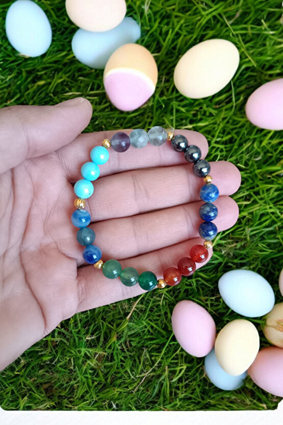 Boğa Burcu Bilekliği (Lapis Lazulli, Yeşil Mavi Kırmızı Akik, Turkuaz Firuze, Florit, Hematit)