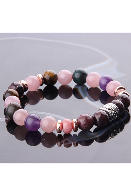 Kan Taşı Rodokrozit Pembe Kuvars Lal Ametist Kaplan Gözü 8 mm Doğal Taş Bileklik