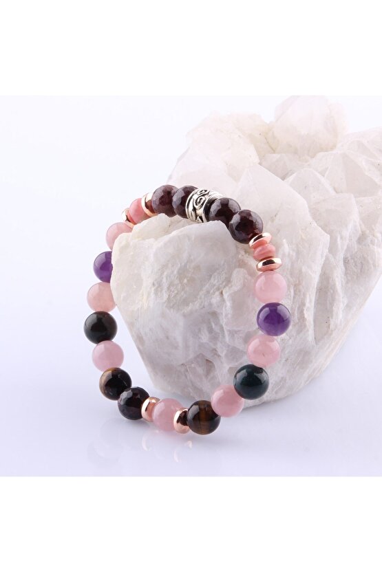 Kan Taşı Rodokrozit Pembe Kuvars Lal Ametist Kaplan Gözü 8 mm Doğal Taş Bileklik