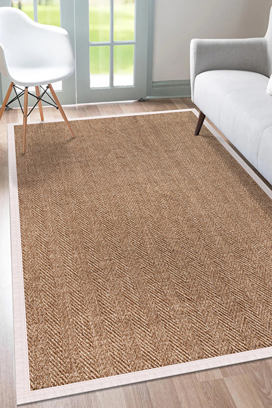 0503-Krem Kumaş Bordür Sisal Halı Kilim Hav Toz Vermez Kolay Temizlenen Hasır Kilim