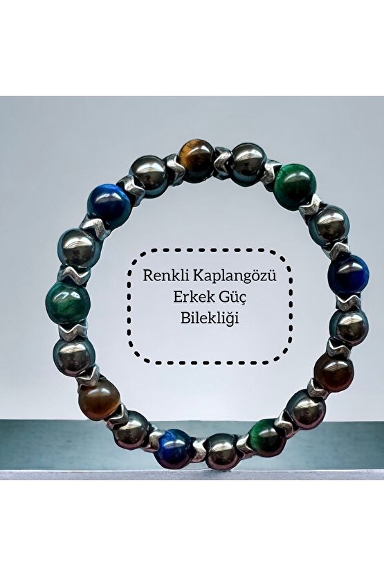 Renkli Kaplangözü Erkek Doğaltaş Bileklik , Enerji , Güç , Başarı , Mavi - Yeşil Kaplangözü