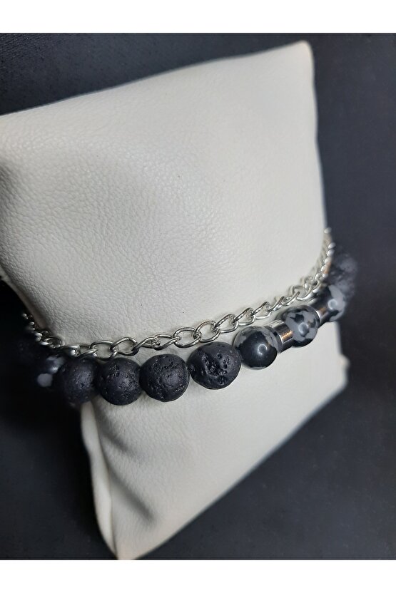 Siyah Lav Taşı ve Füme Akik Taşlı Zincir Detaylı Ayarlanabilir Şık Bileklik