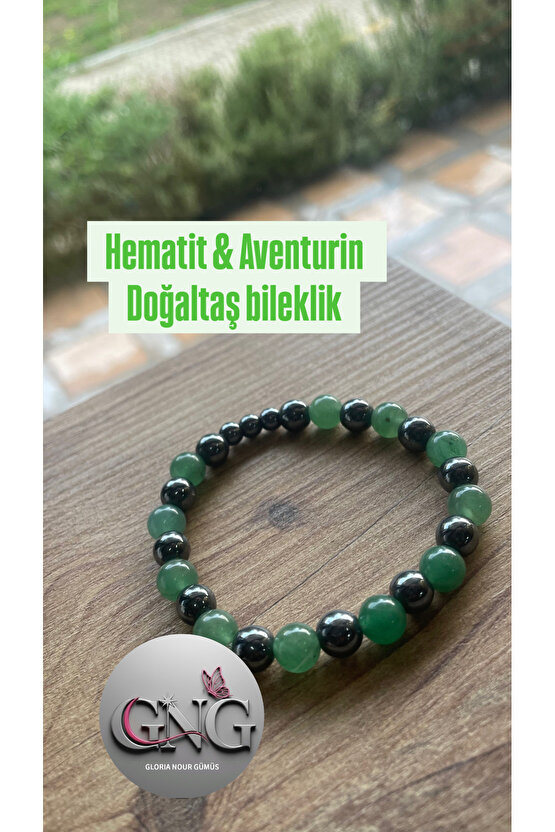 GNG SİLVER Yeşil ŞANS Bolluk taşı Aventurin ve Hematit Erkek lastikli bileklik