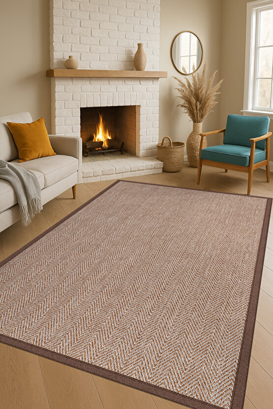 0408-Kahve Kumaş Bordür Sisal Halı Kilim Hav Toz Vermez Kolay Temizlenen Hasır Kilim