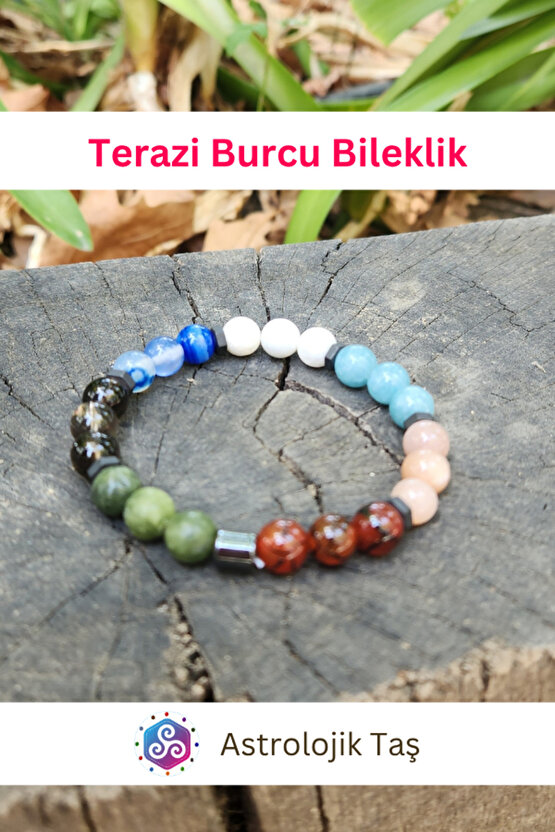 Terazi Burcu Doğal Taş Bileklik - Yeşim Taşı, Kırmızı Akik, Ay Taşı , Akuamarin & Güneş Taşı
