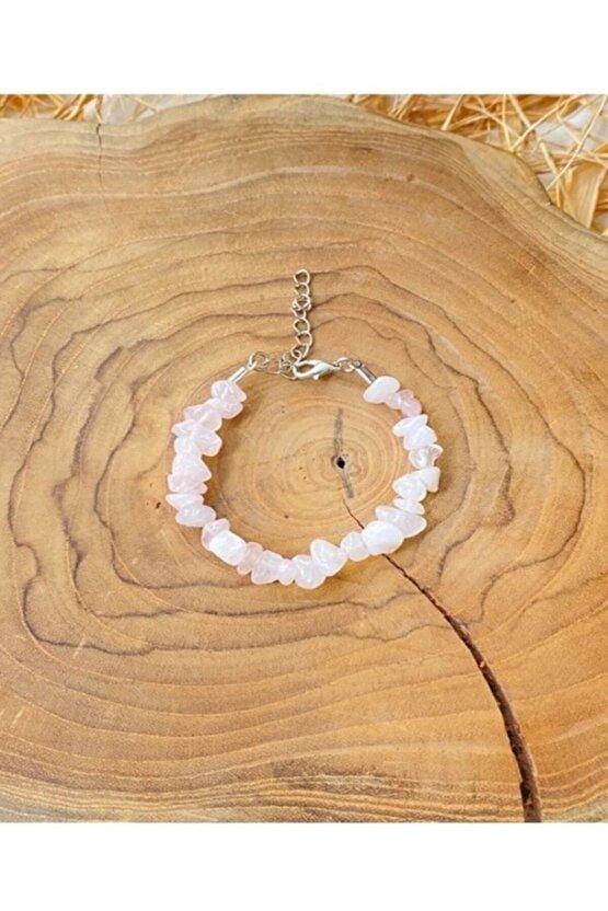 Gerçek Doğaltaş El Yapımı Pembe Kuvars Taşı Kırıktaş Ayarlanabilir Bileklik