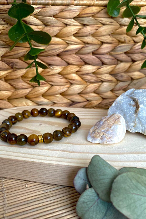 Kaplan Gözü Doğal Taş Unisex Bileklik 8mm - Altın Halka