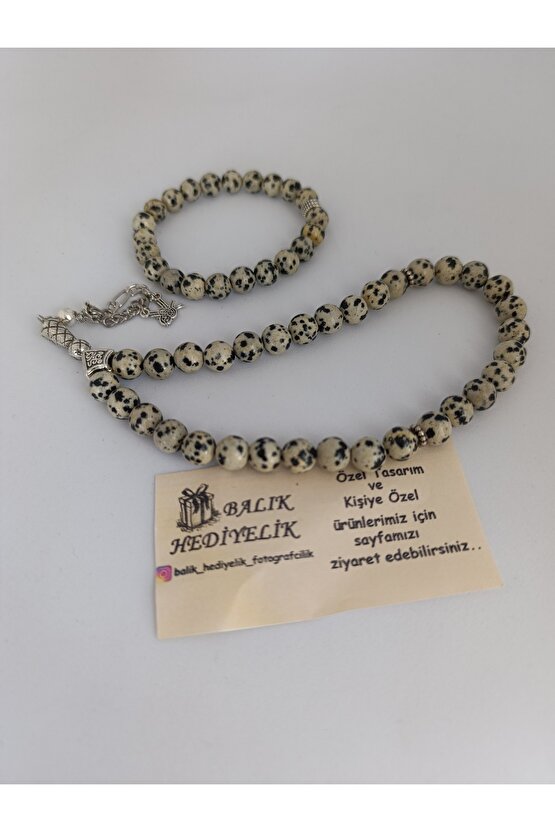 DOĞALTAŞ TESPİH-BİLEKLİK TAKIM AHŞAP KUTULU JASPER TAŞI (Dalmaçyalı)  D.JSPR-1001