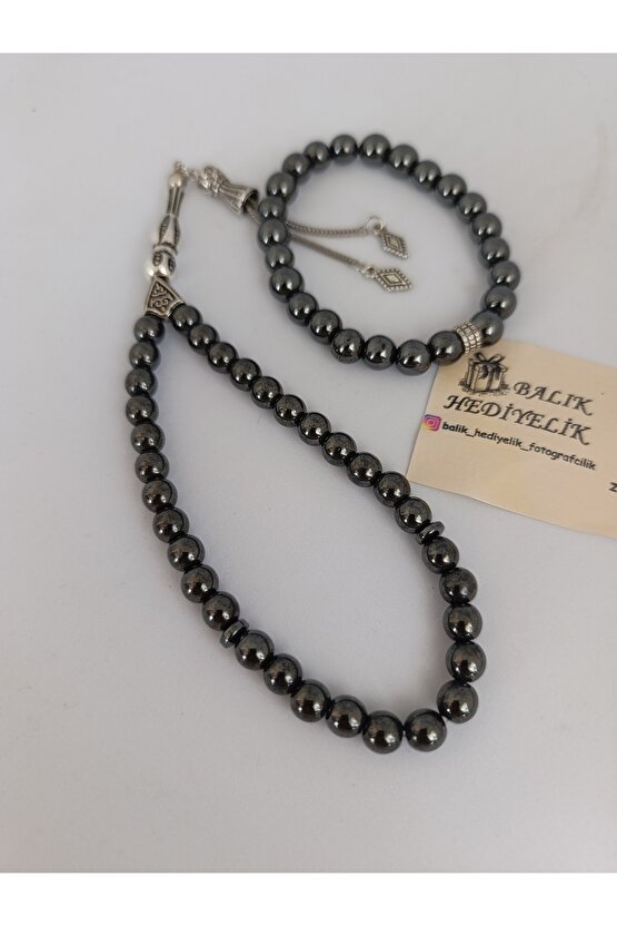 DOĞALTAŞ TESPİH-BİLEKLİK TAKIM AHŞAP KUTULU HEMATİT TAŞI HMTT-1001