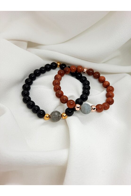 Çift Sevgili Eş Doğal Taş Bileklik Hediyelik Ürün Yıldız Taşı Akuamarin Obsidyen