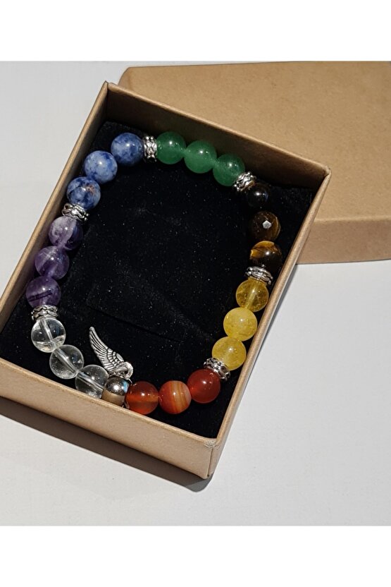 Doğal 7 Çakra Bilekliği Kristal Kuvars, Ametist, Sodalit, Aventurin, Kaplan Gözü, Sitrin, Akik