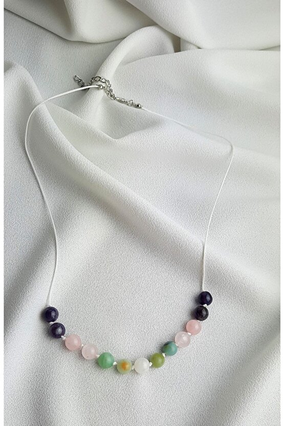 Kadın Doğal Taş Dişil Enerji Kolye, Ay Taşı ,ametist ,pembe Kuvars, Amazonit