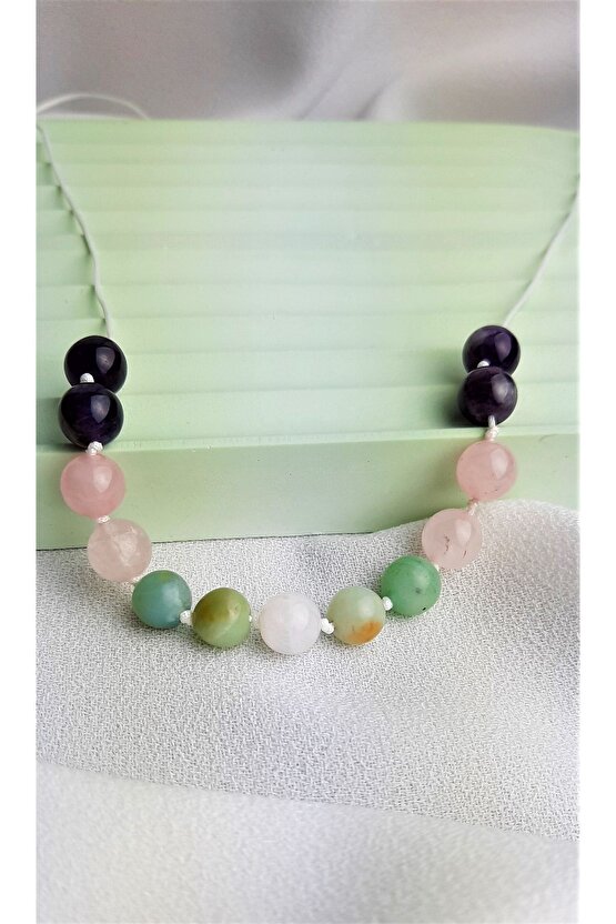 Kadın Doğal Taş Dişil Enerji Kolye, Ay Taşı ,ametist ,pembe Kuvars, Amazonit