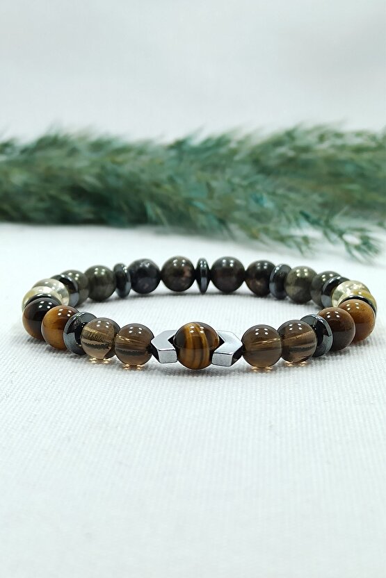 Dumanlı Kuvars Pirit Karma Doğal Taş Erkek Bileklik Prof