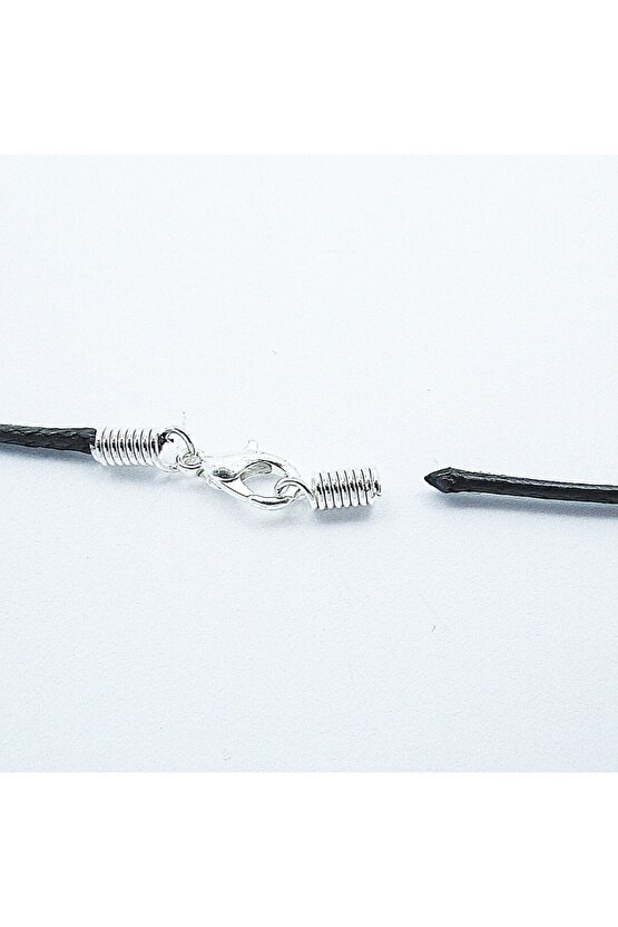 45 Cm Hazır Kolye Ipi , Gümüş Aparatlı Siyah Ip , Suni Deri Kauçuk Hazır Kore Ipi