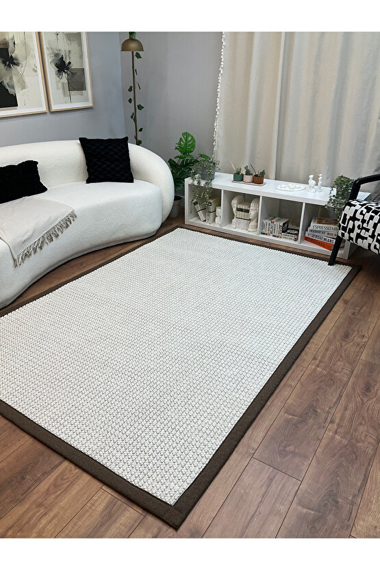 Kumaş Bordür Beyaz Bukle Kahve Bordür  Halı Salon Koridor Mutfak Çocuk Odası Halısı  Kilim S257