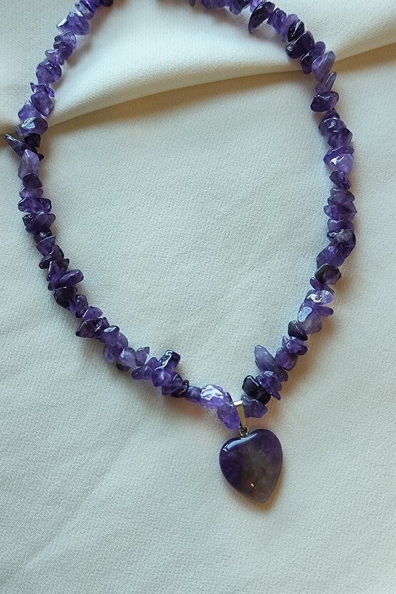 Sertifikalı Koyu Ametist Kalp Kırıktaş Doğaltaş Kolye