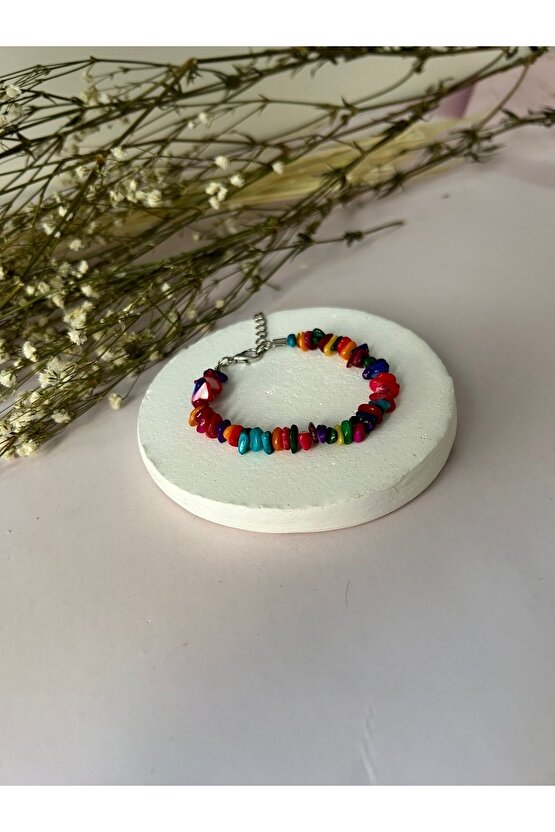 Doğal Renkli Sedef Kırık Taş Bileklik-%100 Orijinal