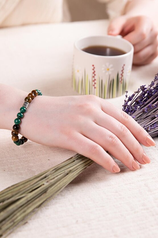 Kahverengi Kaplangözü- Malakit Doğal Taş Gümüş Bileklik