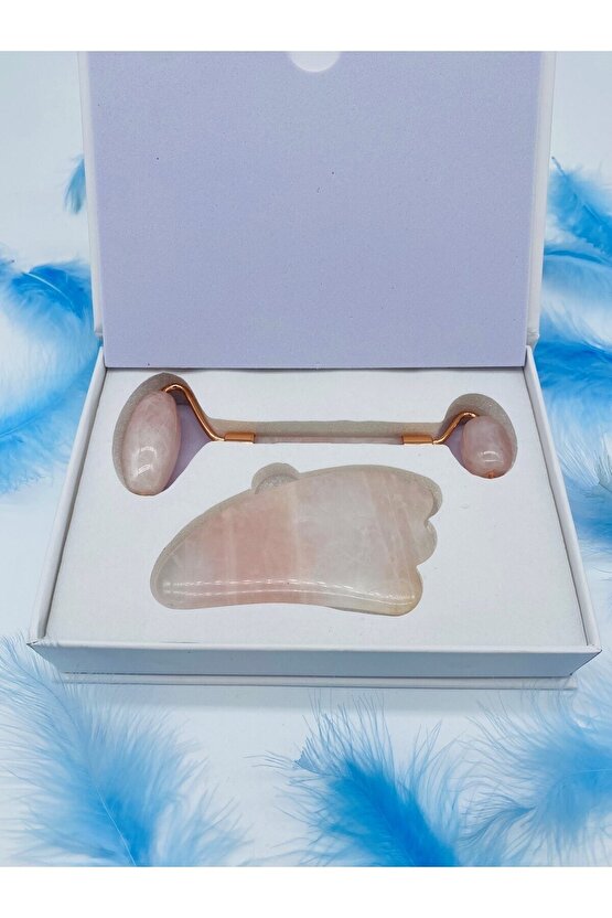 Doğal Taş Pembe Kuvars Kaz Ayaklı Roler Gua Sha Masaj Seti