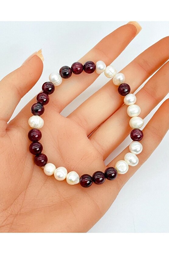 İnci - Lal Garnet Doğal Taş Bileklik 8 mm