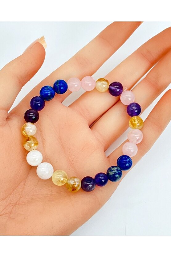 Ametist - Dönüşümlü Sitrin - Lapis - Pembe Kuvars 8 mm Bileklik Unısex