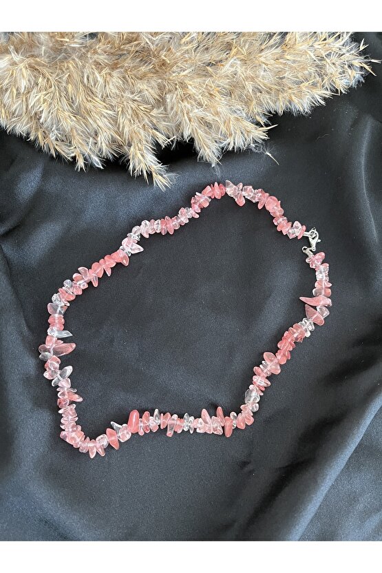 Çilek Kuvars Kırık Doğal Taş Kolye