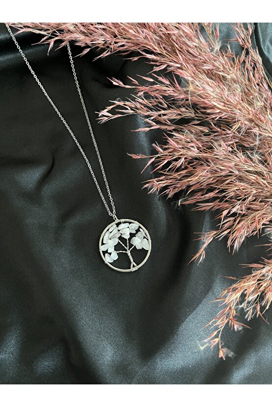 Pembe Kuvars Hayat Ağacı Doğal Taş Kolye