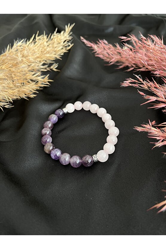 Ametist ve Pembe Kuvars Tasarım Doğal Taş Bileklik