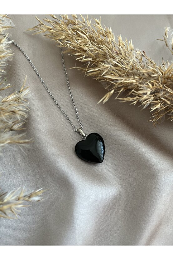 Kalp Kesim Obsidyen Doğal Taş Kolye
