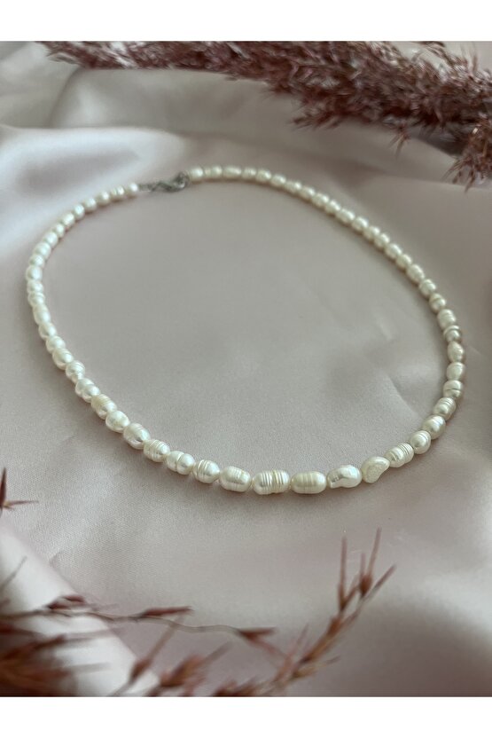 Gerçek Inci Kolye Tatlı Su Incisi Arpa Model Inci (45 CM)