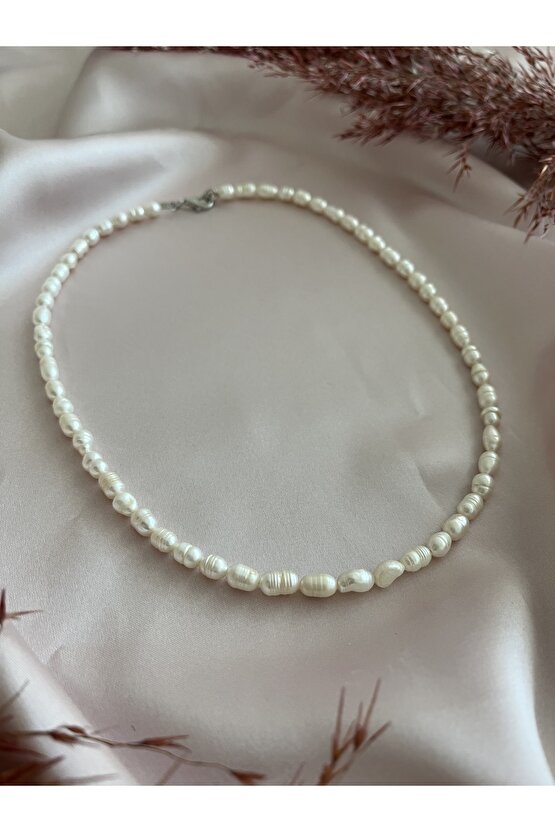 Gerçek Inci Kolye Tatlı Su Incisi Arpa Model Inci (45 CM)