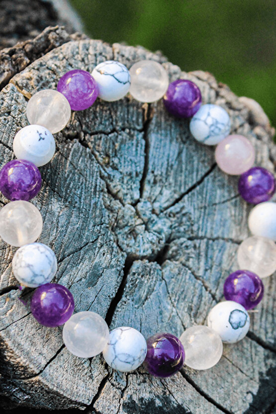 Ruh Güzelliği Doğal Taş Kadın Tılsım Bilekliği Düz 8mm (Pembe Kuvars,Ametist,Havlit)Chi-Zen Bileklik