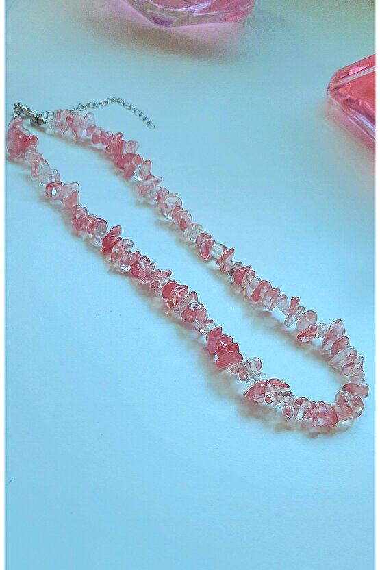 ÇİLEK KUVARS KIRIK DOĞAL TAŞ KOLYE