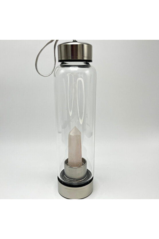 SERTİFİKALI Pembe Kuvars Doğal Taş Cam Su Matarası 550 ml  Özel Kılıflı Contalı Kapak Paslanmaz