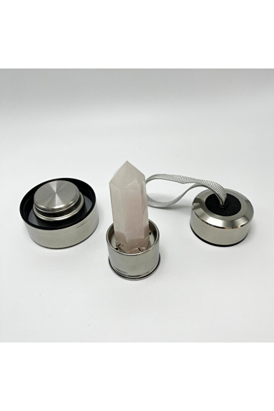 SERTİFİKALI Pembe Kuvars Doğal Taş Cam Su Matarası 550 ml  Özel Kılıflı Contalı Kapak Paslanmaz