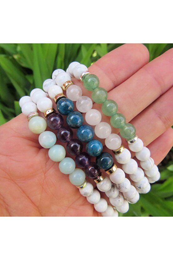 Havlit-Pembe Kuvars-Ametist-Aventurin-Apatit Doğal Taş Bileklik 8mm