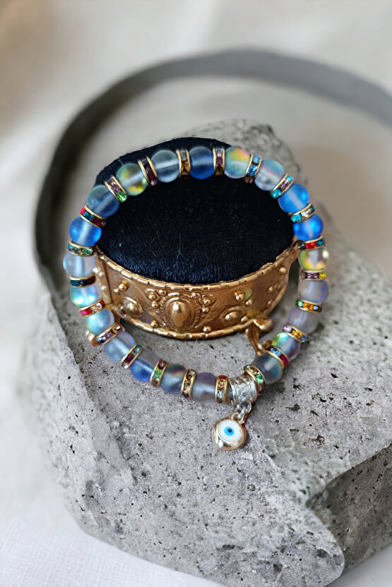 Mavi Termal Kuvars Renkli Rondela Nazar Boncuklu Doğal Taş Bileklik Parlayan Model