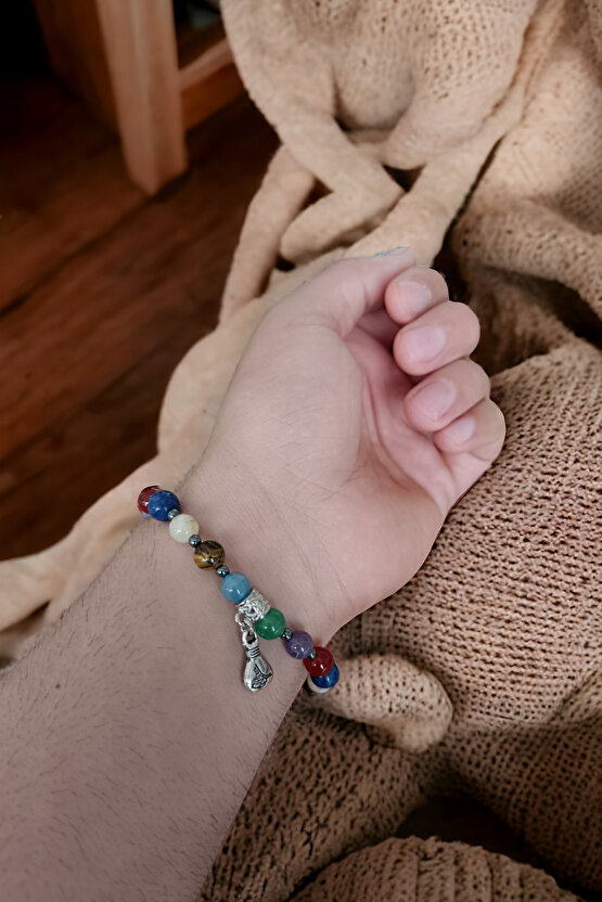 7 Çakra Bileklik Kaplan gözü Taşı, Ametist, Aventurin Lapis, Sitrit, Mavi Akik, Akik Doğal taş