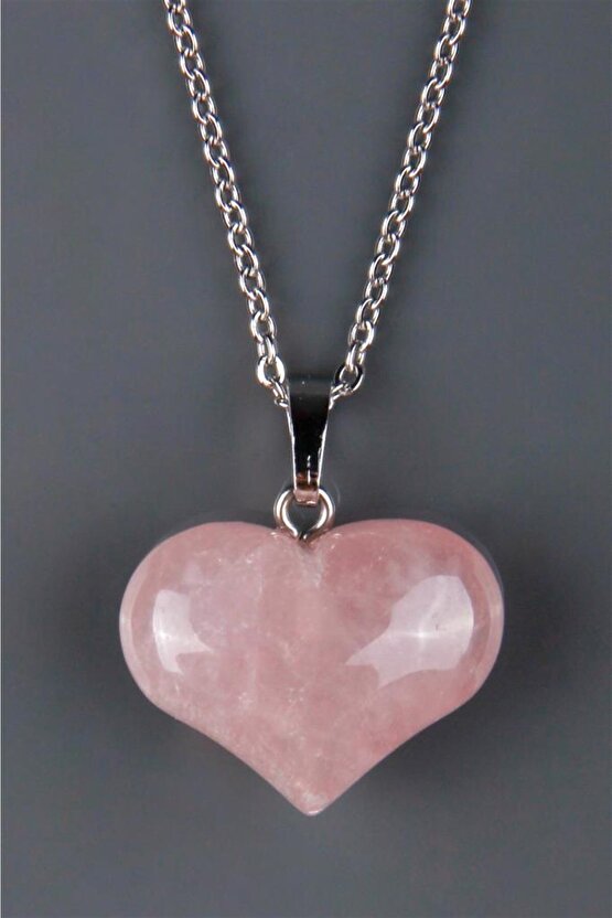 Pembe Kuvars Doğal Taş Kalp Kolye