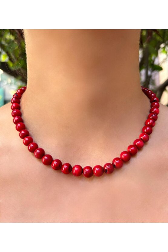 8-9 MM Küre Kesim Boyalı Mercan Doğal Taş Kolye